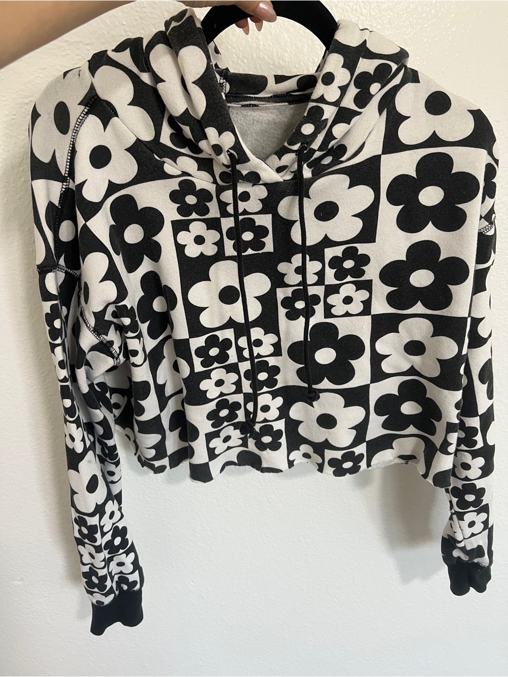 Black and white floral abstract cropped hoodie